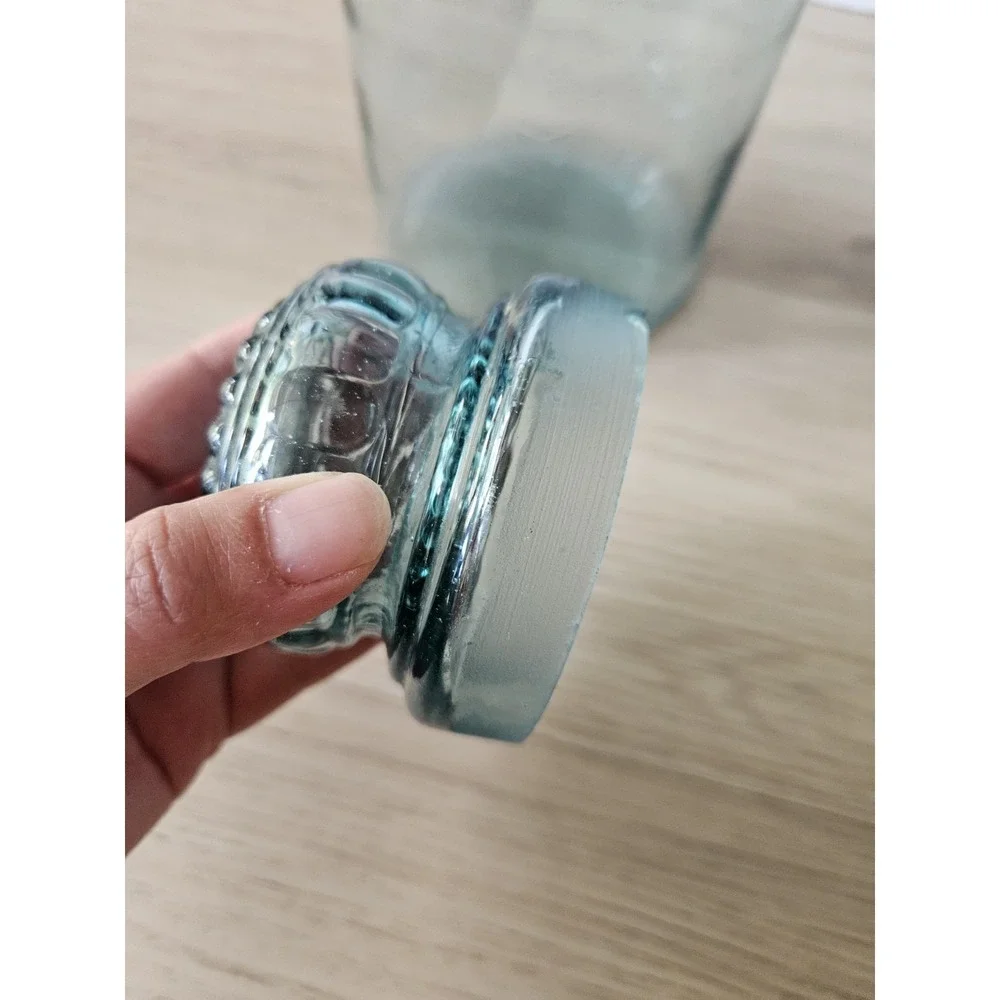 Vtg Takahashi Japan Hand Blown Glass Apothecary Jar MCM Blue Green Canister 9
